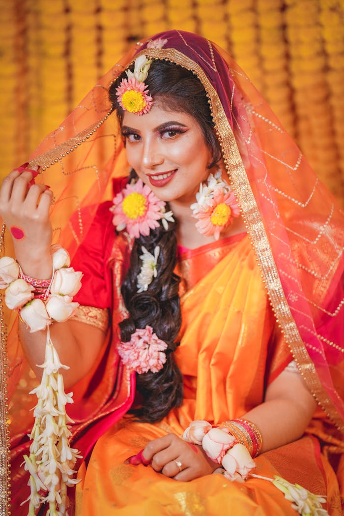 A stunning South Asian bride in vibrant traditional attire, adorned with floral jewelry and veil.