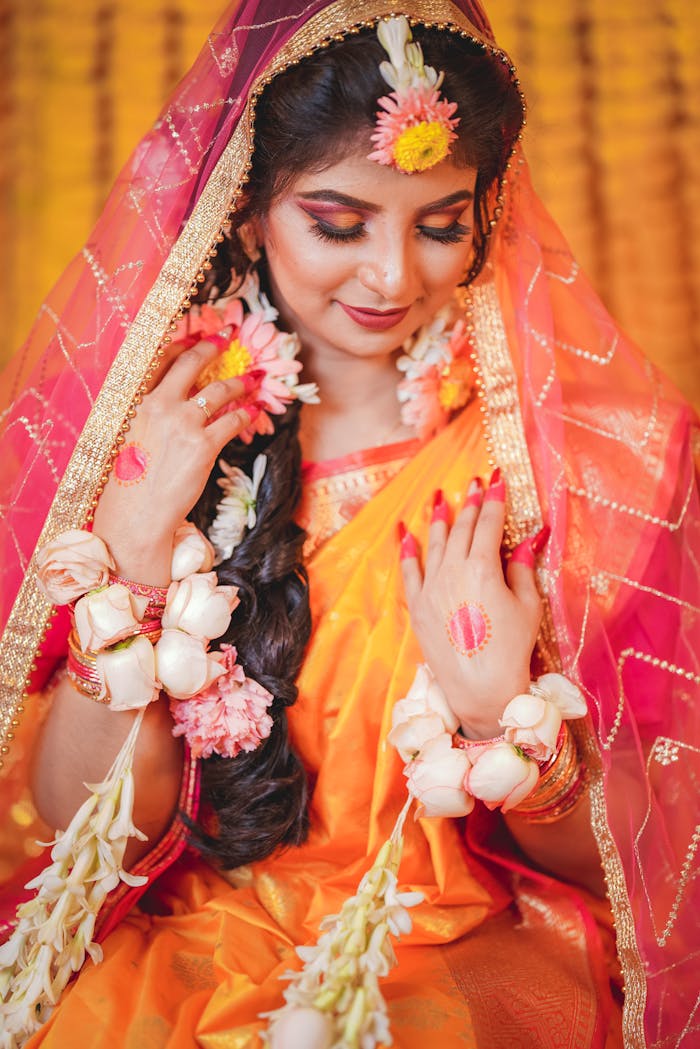 A stunning Bengali bride adorned in vibrant traditional attire with floral jewelry.